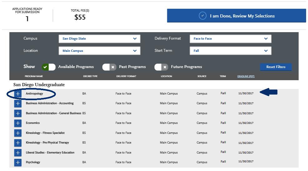 SELECTING YOUR PROGRAMS Start Term: Use the drop-down menu and select Fall.