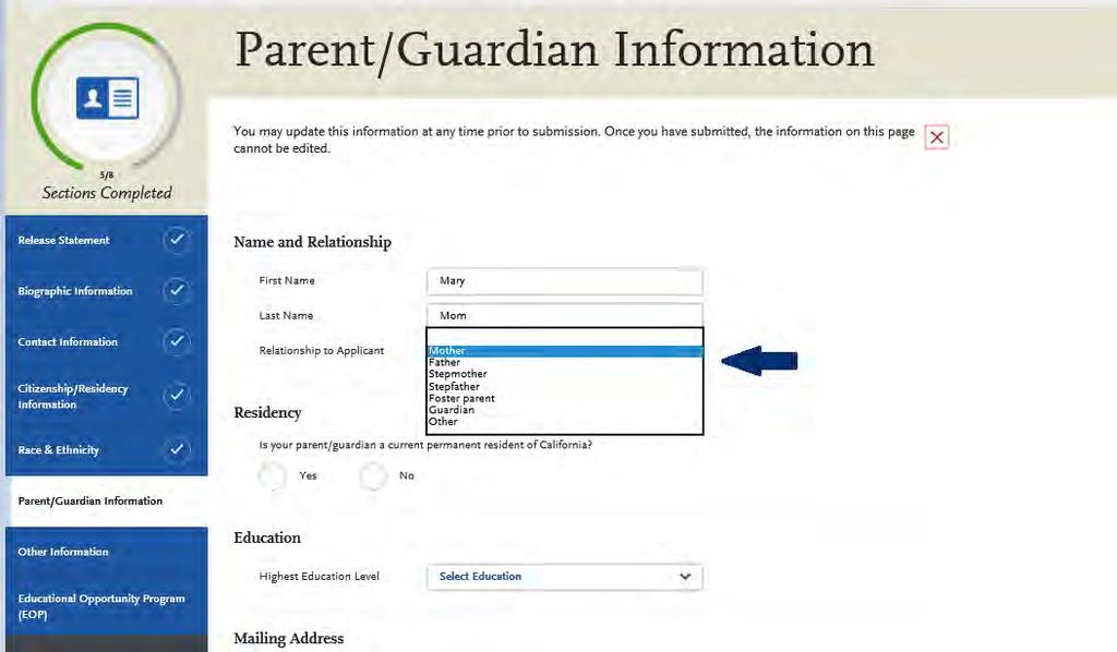 PARENT/GUARDIAN INFORMATION (CONTINUED) Select one