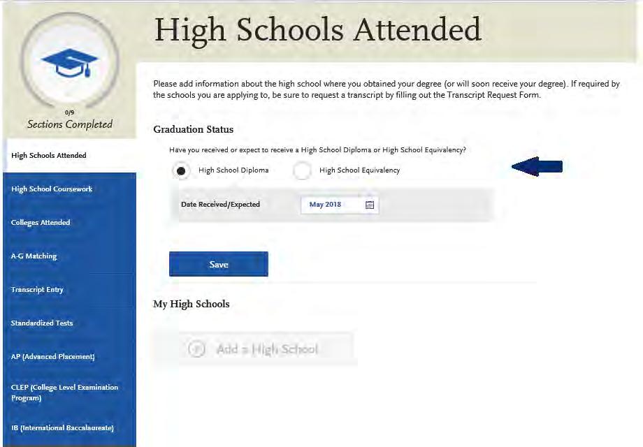 HIGH SCHOOLS ATTENDED GRADUATION STATUS Indicate if you have already graduated from high school or if you expect to graduate from high school at