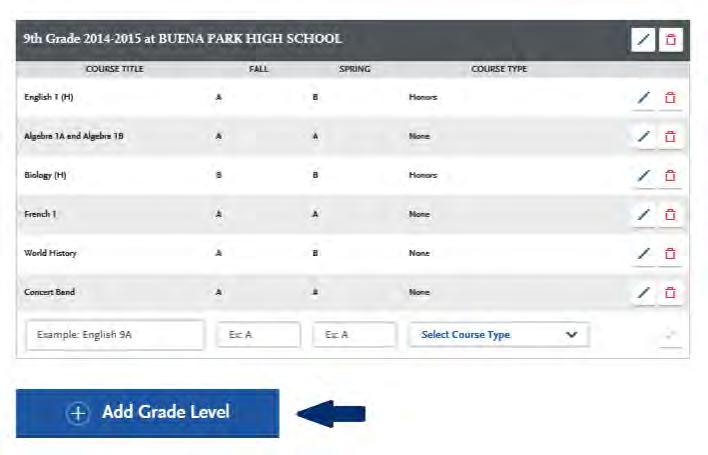 Continue adding your courses and grades earned for the rest of that grade level.