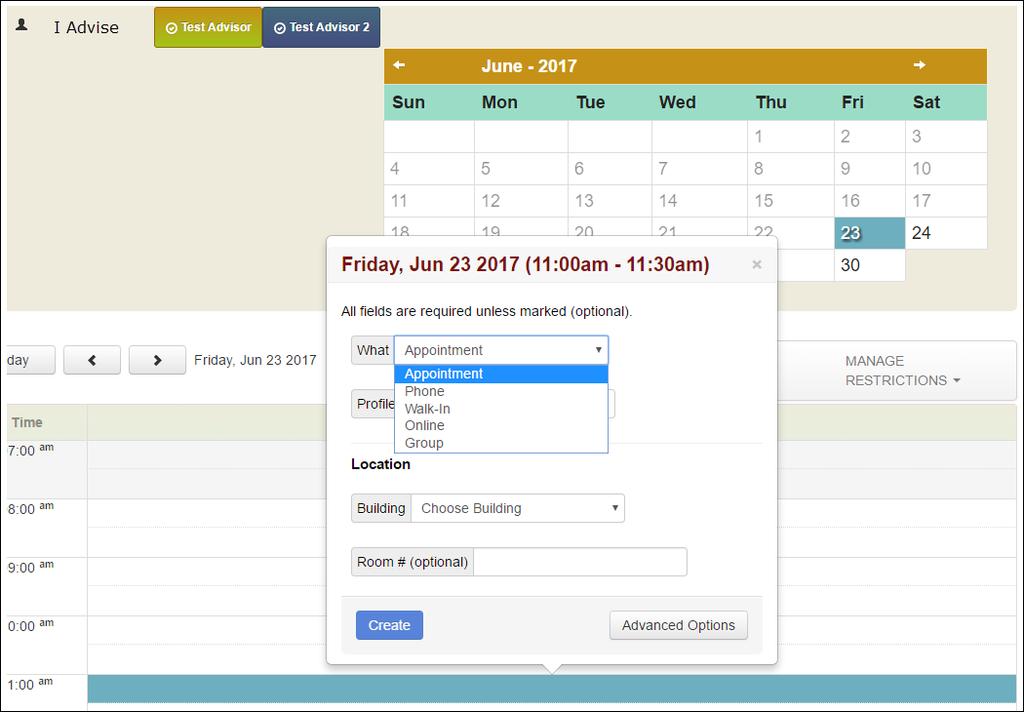 Setting an Appointment Block 1. To set an appointment, click on any 30 minute box on the calendar. A quick add box will display allowing you to select the type of appointment.