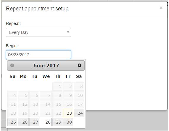 If you select Every Day or Every Weekday, you will have the ability to set begin and end date for the repeating appointment.