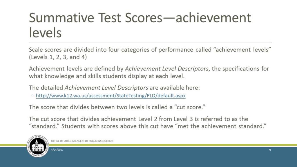 The scale scores were divided into four categories of performance, which WA reports as Levels 1, 2, 3 and 4. The statements are called an Achievement Level Descriptor or ALD.