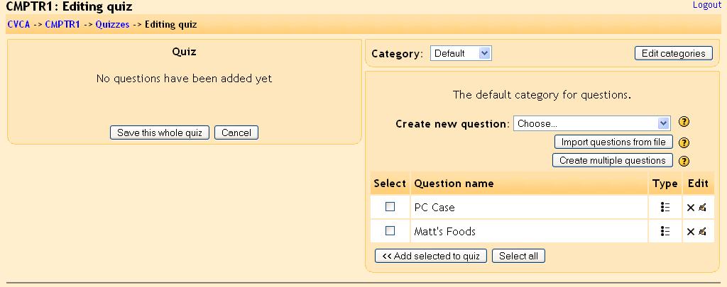 2.1.9.2 True/False the questions are just that true/false. To add a true/false question, select True/False from the Create new question pull-down menu.