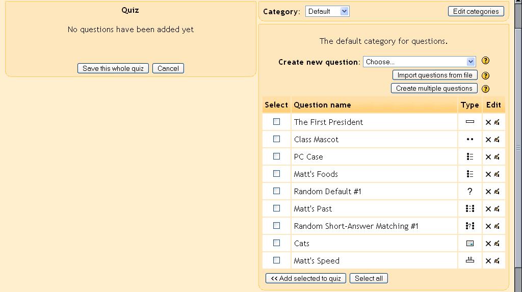 you would like to have. When you are finished, click on Save changes. You should see the quiz editing screen with the new question listed ( Random Short-Answer Matching #1 in my example): 2.1.9.