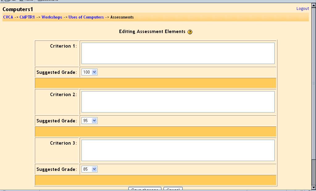 In each element section, write the statement you want and assign a suggested grade to that statement.