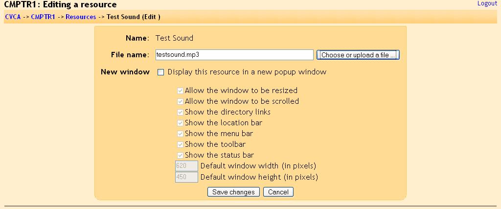 You may wish to check Display this resource in a new popup window if you want that feature (the sound will open in a new window of the