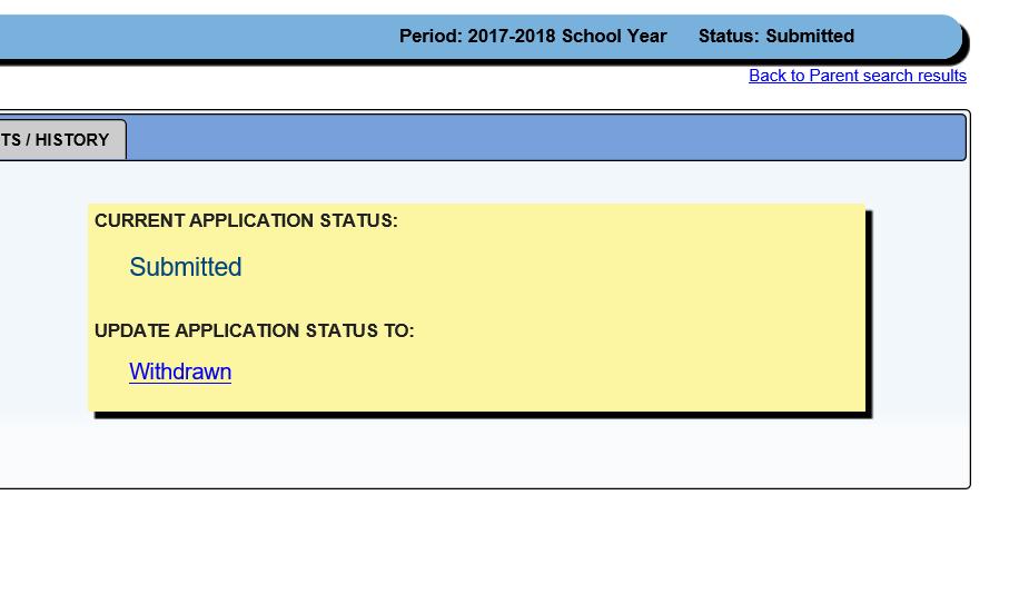 Your application is now in the SUBMITTED status, and this will be indicated in the yellow box, as well as in the blue ribbon at the top of the page.