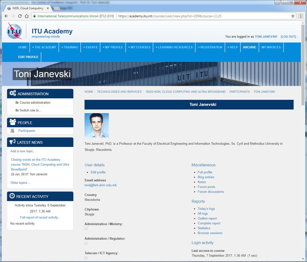 User identification in the ITU Academy ITU Academy user