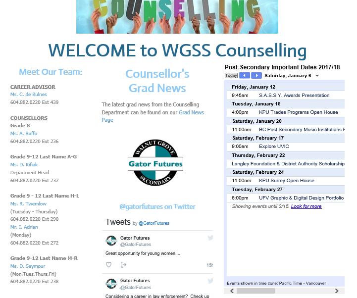 WGSS Counselling & Careers Website Graduation Graduation Requirements Grad Newsletters Post-Secondary Post-Secondary Timeline / Handbook Approved List Links to Institutions + Application Services