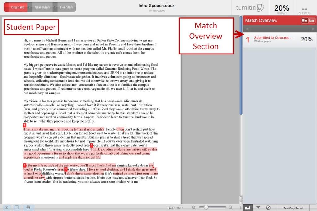 7. A report from Turnitin will appear on your screen. Any potentially plagiarized text in the student paper will be color-coded. 8.