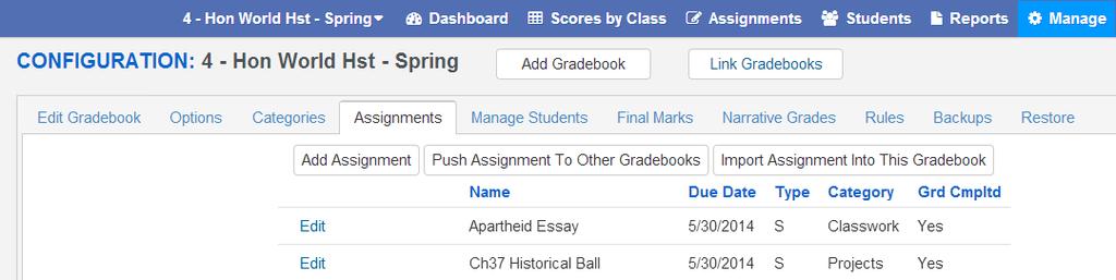 The Assignments tab will display all assignments entered with color coding for the terms. Below is an example of a trimester gradebook.