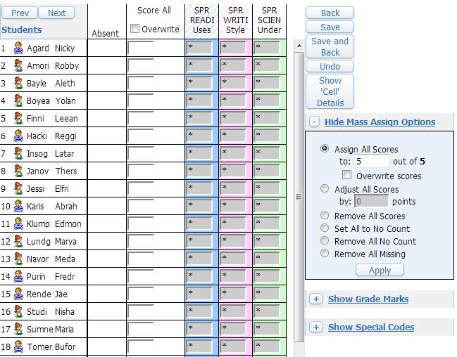 Figure 6 - Multiple Skills Score Entry screen Using Mass Assign Options You can also use Mass Assign options on the Single Skill Score or Multiple Skill Score entry screens.