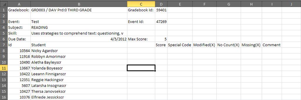 Scoring Events on the Export File Once you create the export file, you can enter scores in it, even when you don t have an active internet connection. Figure 8 shows a sample of an export file.