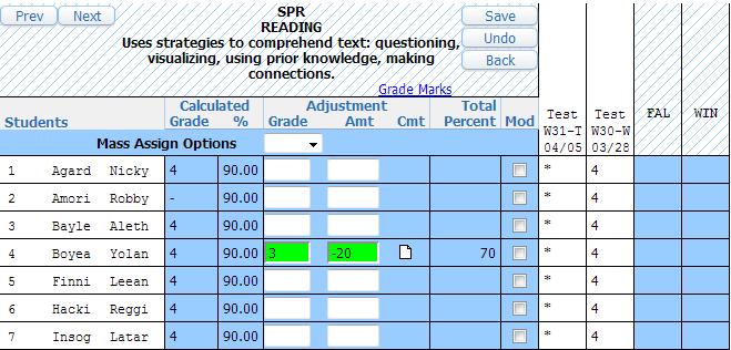 Figure 10 - Manually adjusting a Skill Grade To override automatically calculated Class, Subject and Skill Grades: 1. Click a Term, Subject, or Skill Grade on the Gradebook Main Screen.