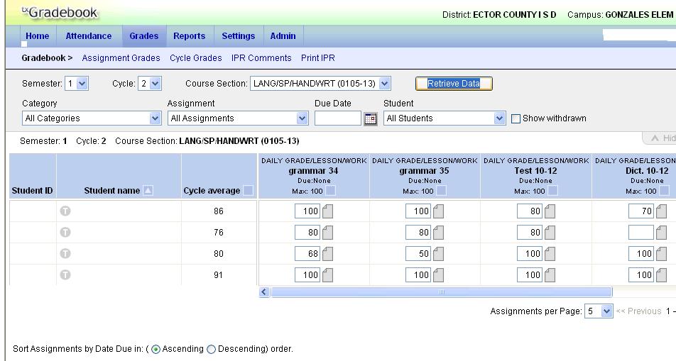 Posting Assignment Grades Entering Grades Select the course section or course group. The current semester cycle will default. Click Retrieve Data.