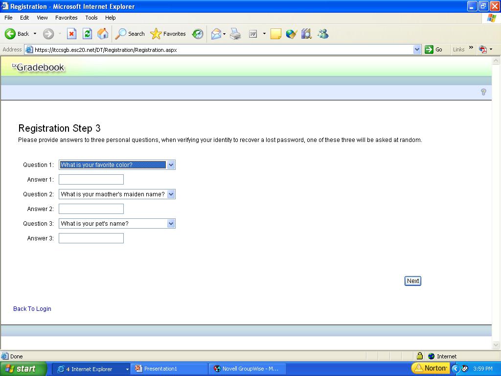 Create User ID Select and answer 3 hint questions from the dropdown box.