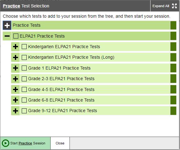 Administering Online Tests Figure 10. Test Selection Window - Expanded To create a new test session: 1.
