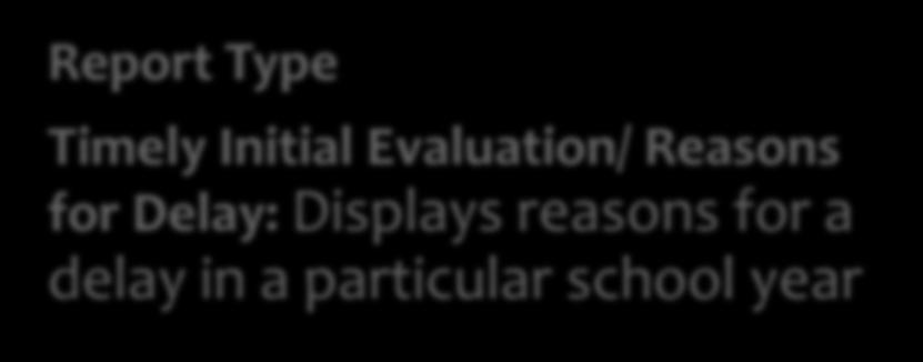 ESC Viewer: SPP 11 Report Type Timely Initial Evaluation/ Reasons for Delay: Displays reasons for a delay in a particular school year