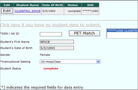 Data Entry Page Once student