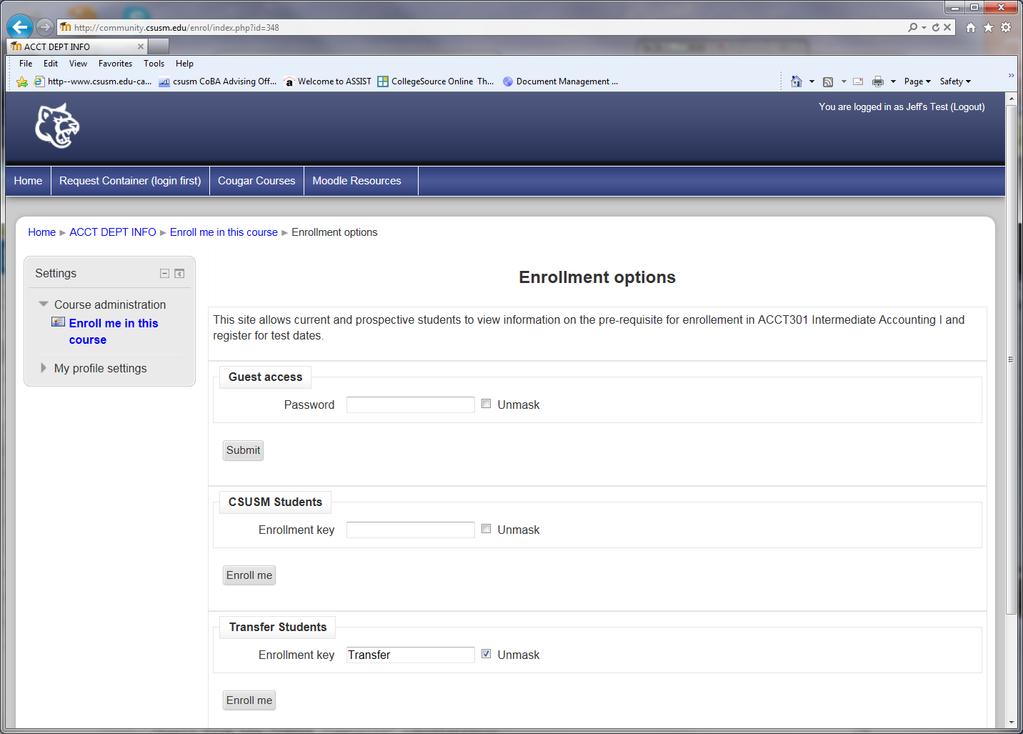 6. Under Transfer Students, input the Enrollment key Transfer and then click on the Enroll Me button. 7.