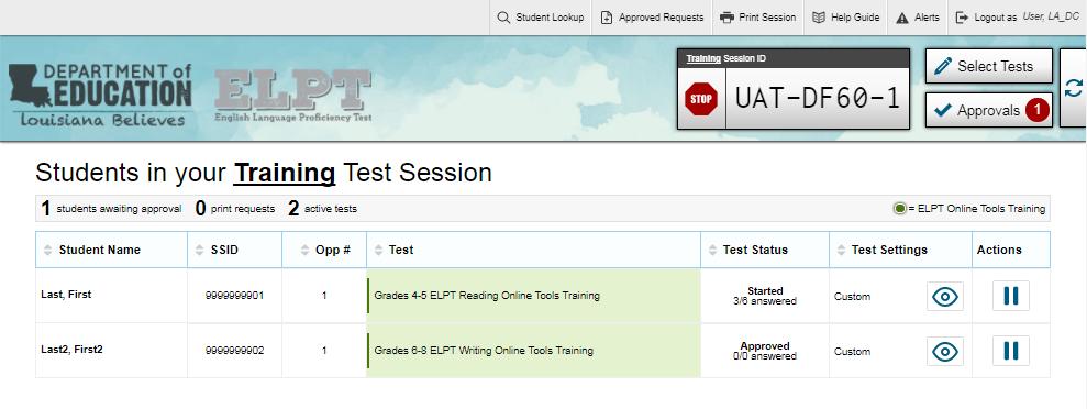 11. Monitor students progress throughout testing. Students test statuses appear in the Students in Your Online Tools Training Session table.