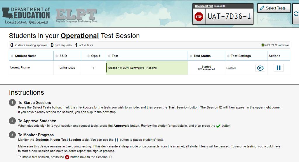 11. Monitor students progress throughout testing. Students test statuses appear in the Students in Your Test Session table. Students must be supervised at all times during testing, by a trained TA.