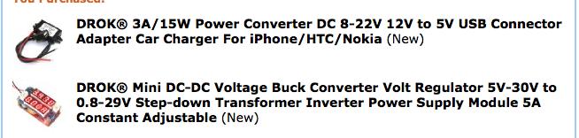 current/voltage meter 2 Buck Converters: one is adjustable the other is a 12V-24V to 5V converter Cell phone or