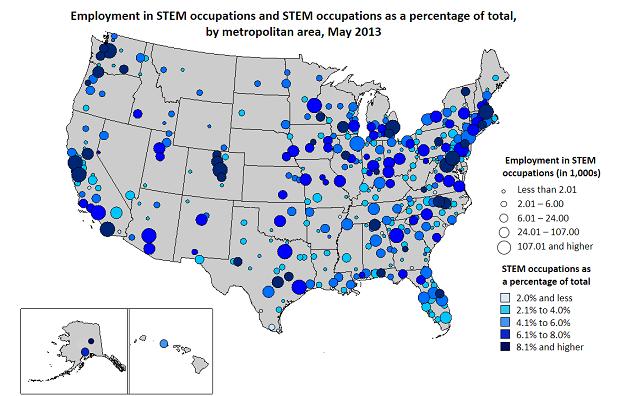 Where were STEM occupations most prevalent? The prevalence of STEM occupations varied geographically.