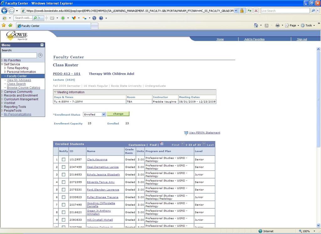 Example Class Roster Using Method 1 Instructor Name Enrollment Status drop down menu allows you to view All, Enrolled,