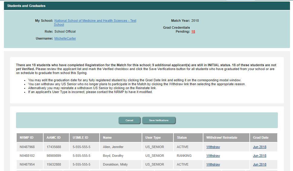 The information and functionality on this page will change throughout the Match season to allow you to verify each applicant s graduation status, SOAP status, and USMLE score. 7 a.