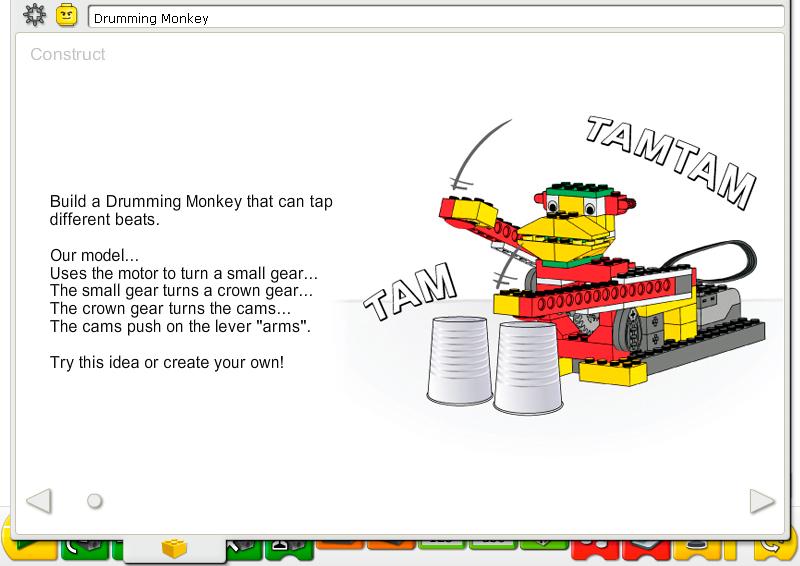 3. Drumming Monkey Teacher Notes Construct Build the model following step-by-step instructions or create your own drumming monkey. If you create your own, you may need to change the example program.