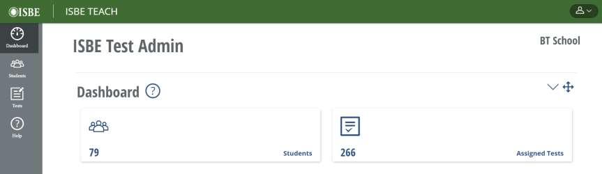 Dashboard: Test Admin Summary count of students and test