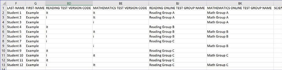 In the reading and mathematics test version code fields (BD and BE), add an I or i and (optionally) the support code T or t to add text-to-speech. 7.