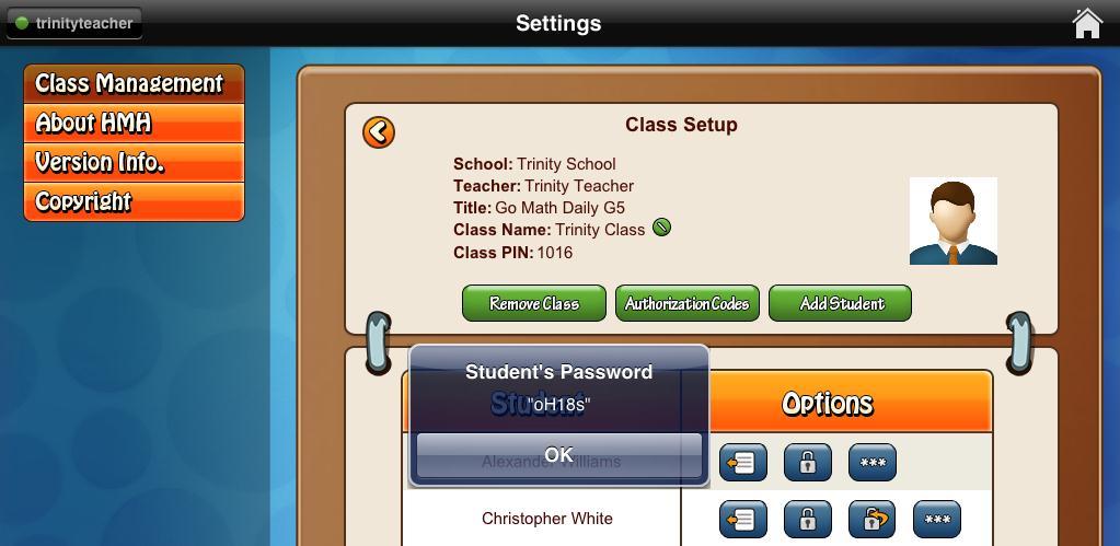 When a student enters the PIN, the class information will be downloaded to the device and the Select a User screen will appear. When a student logs in, his or her name is displayed on the upper left.
