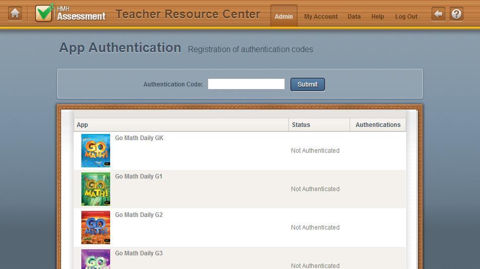 Enter Authentication Codes When you have set up your district, the App Authentication page opens, where you can enter authentication codes for each HMH Assessment app that you purchased.