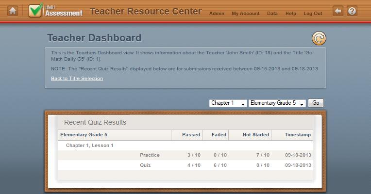 Teacher Dashboard The Teacher Dashboard displays statistics on student performance for the HMH Assessment app that you are using.