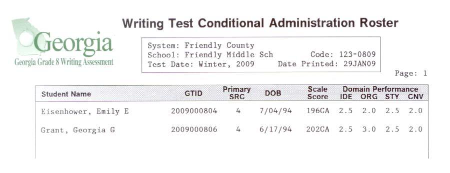 Writing Test Conditional Administration Roster A B C D E Key: A. School/System Information and date tested B. Student names C.