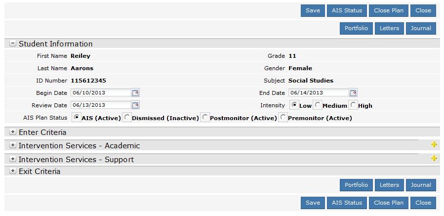 The system automatically displays all students who are enrolled in AIS or being monitored, their Subject and Plan Dates (if any), along with their AIS Plan Status (Premonitor, AIS, Postmonitor or