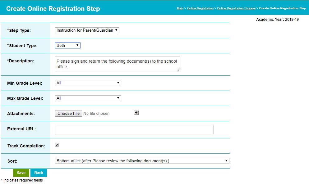 Choose a step type: either create a new online form, or add a set of instructions for parents/guardians to complete.