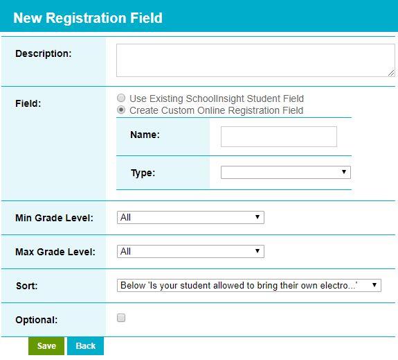 Create Field allows admin to link a new field to the form. The description box is the text the parent will see with the associated value.