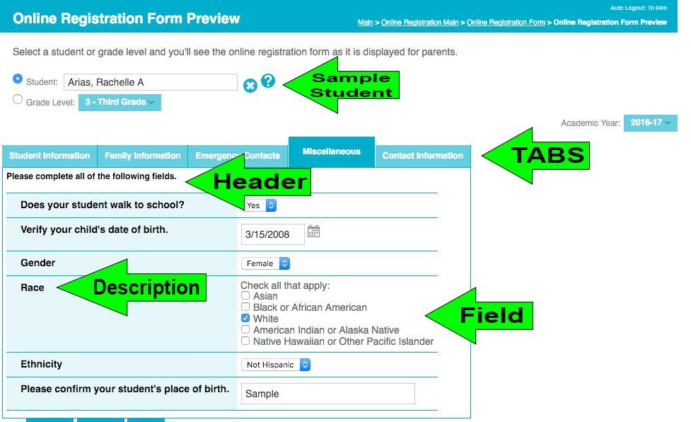 The above example shows five tabs, one header, six fields and descriptions for those fields. The fields are loaded with student data and the parents can update them if necessary.