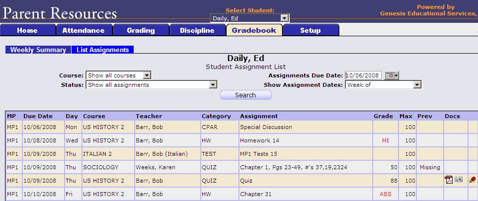 List of Assignments Screen List of Assignments This screen will allow you to look at your child s Assignments in multiple ways.