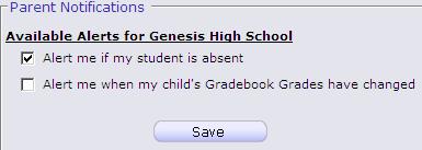 E. Setting Alerts Alerts Genesis has the ability to send an alert to your contact emails/text message addresses: - if your child is absent or tardy or - if a grade is updated in any of their teacher