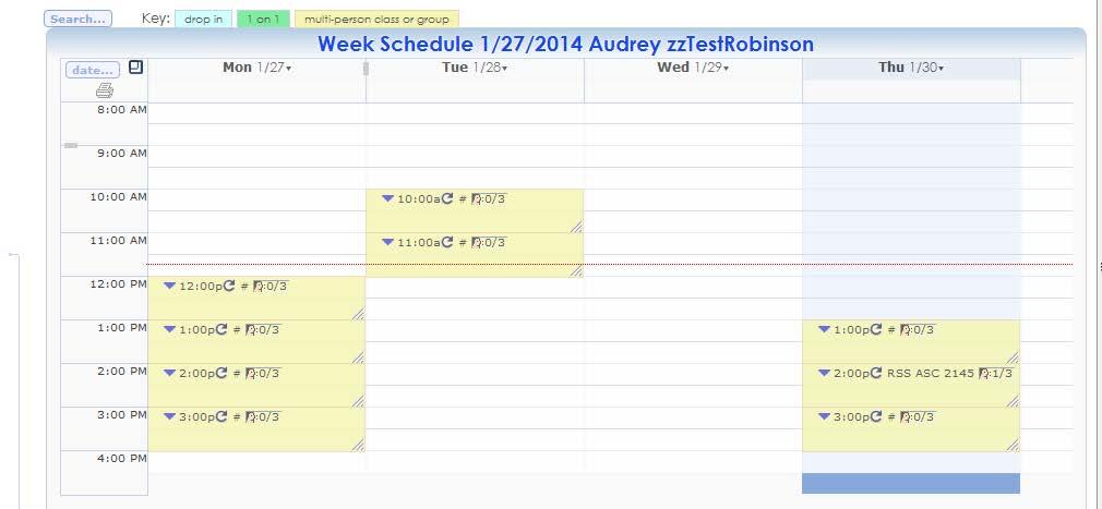 5. The following screen will appear. The yellow boxes show your availability for that week, day and time. Tutors cannot change their availability in TutorTrac.