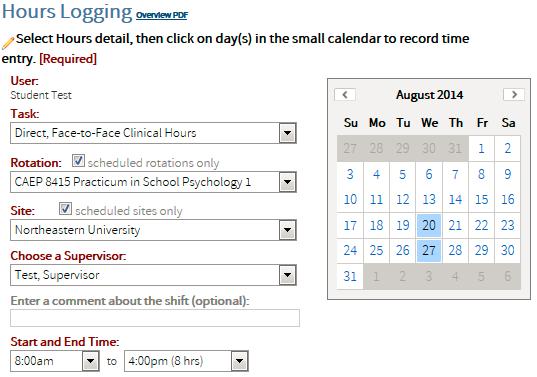 NU s School Psychology Internship 76 Select the task the type of hours being logged The Rotation and Site drop down lists will default to your current scheduled rotation.