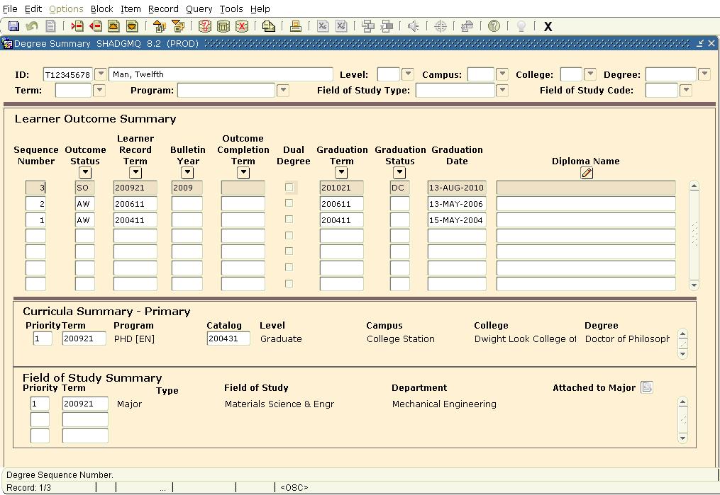 Graduation Application SHADGMQ When a student has applied for graduation, their graduation application information is displayed on SHADGMQ. To view: 1. Enter student id 2.