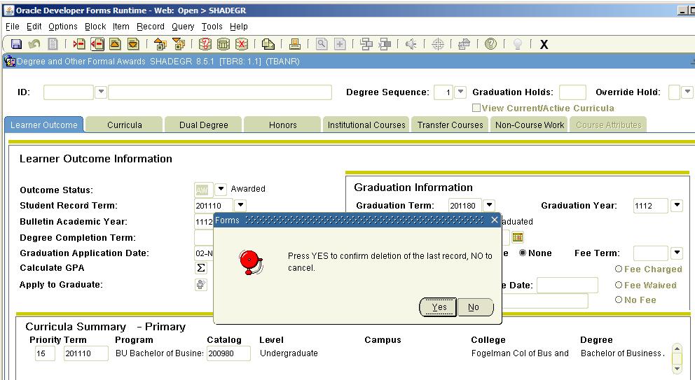 d) Removal of Transcript Comment Go to SHATCMT. Enter the student ID, Level, Originator, and Term in the key block (Step 4 Section D, Awarding the Degree).