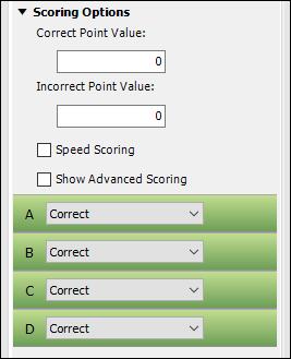 Leave the Incorrect Point Value at 0. 5. Click the No Value dropdown next to B and select Correct.