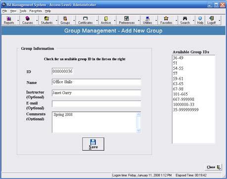 Group Management The Group Management window allows for the addition, deletion, modification and viewing of group information. To access this window, click on the Groups button.